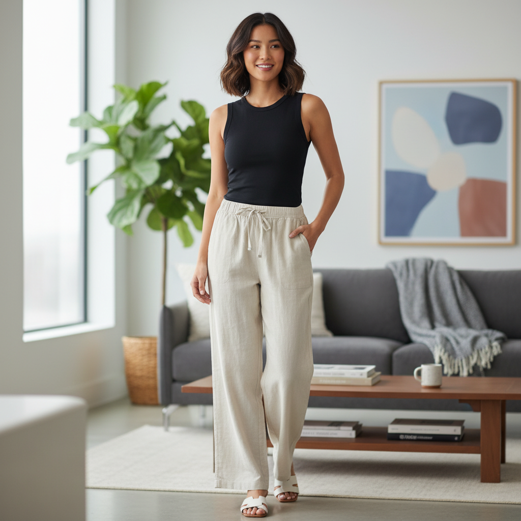 Women's Beige Linen Blend Straight Leg Drawstring Trousers