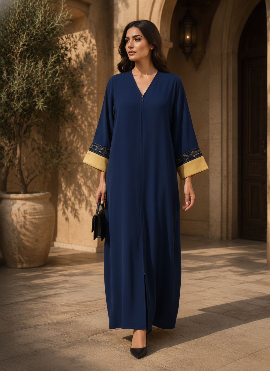 represent Navy Blue Floor-Length Abaya with Geometric Trim