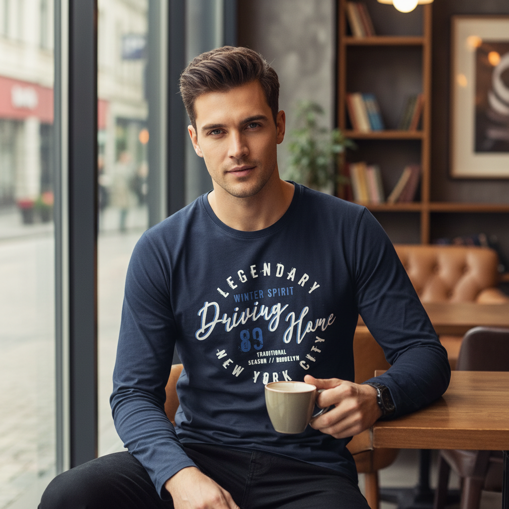 Livergy Men's Navy Long Sleeve Graphic T-Shirt - Size L