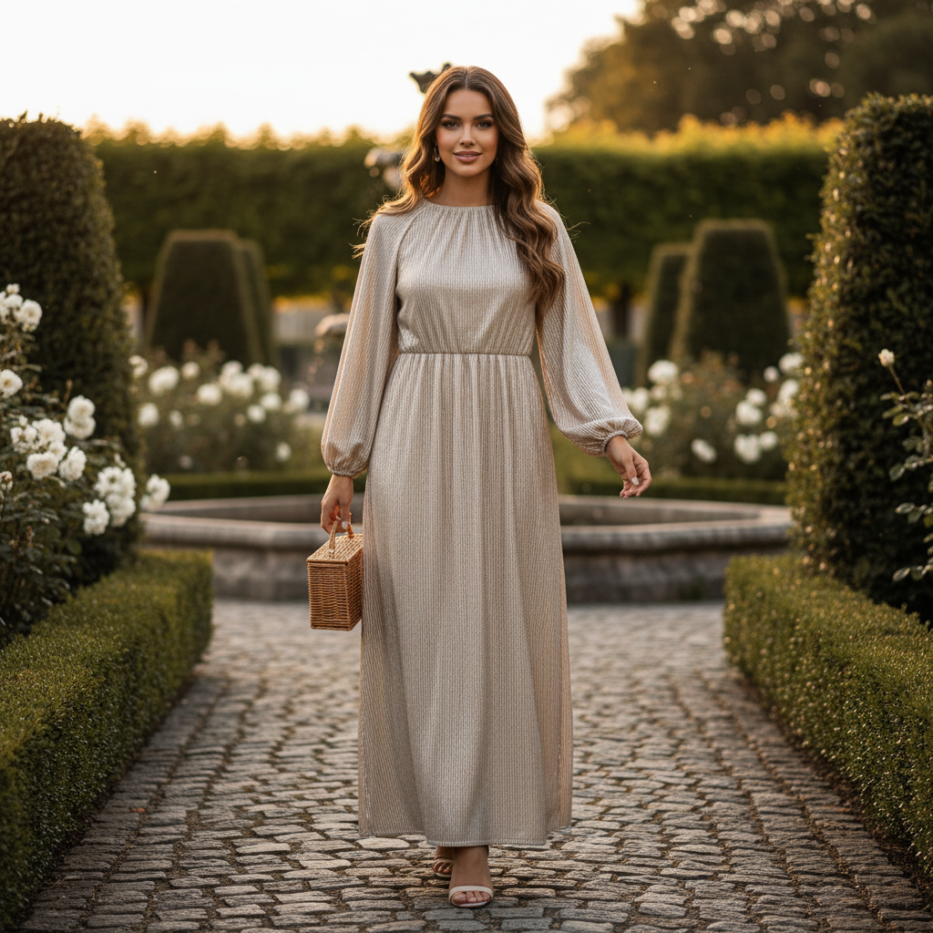 Styli Gold Metallic Plisse Long Sleeve Maxi Dress Size M