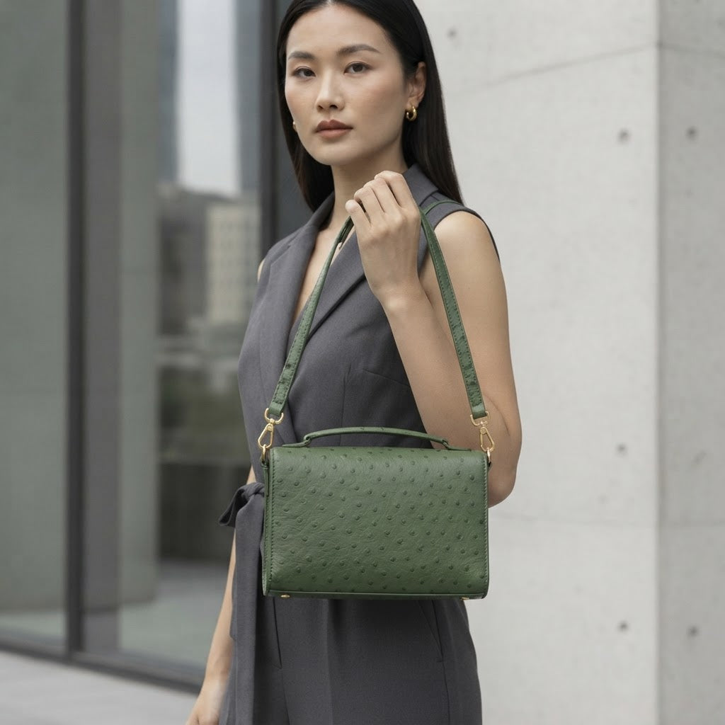 Forest Green Ostrich-Effect Crossbody Bag
