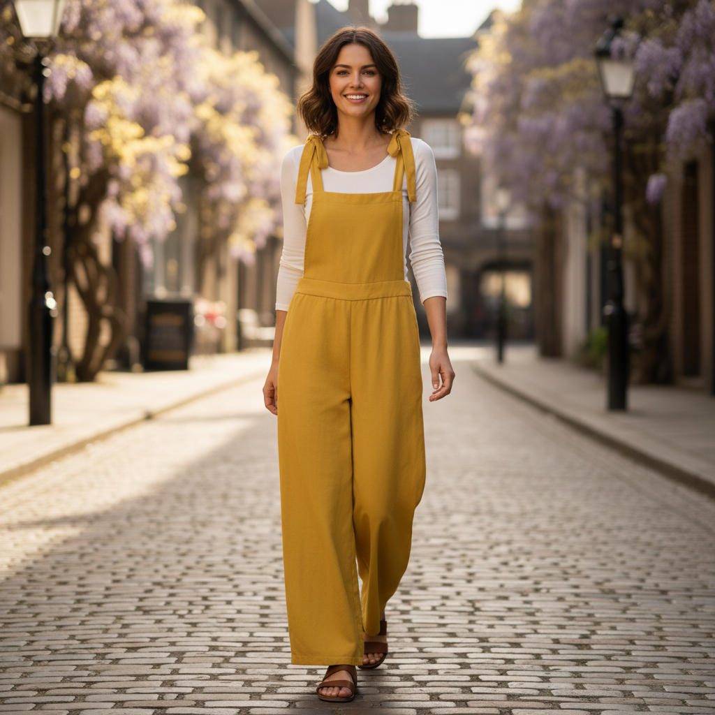 Women's Mustard Yellow Wide Leg Tie-Strap Overalls
