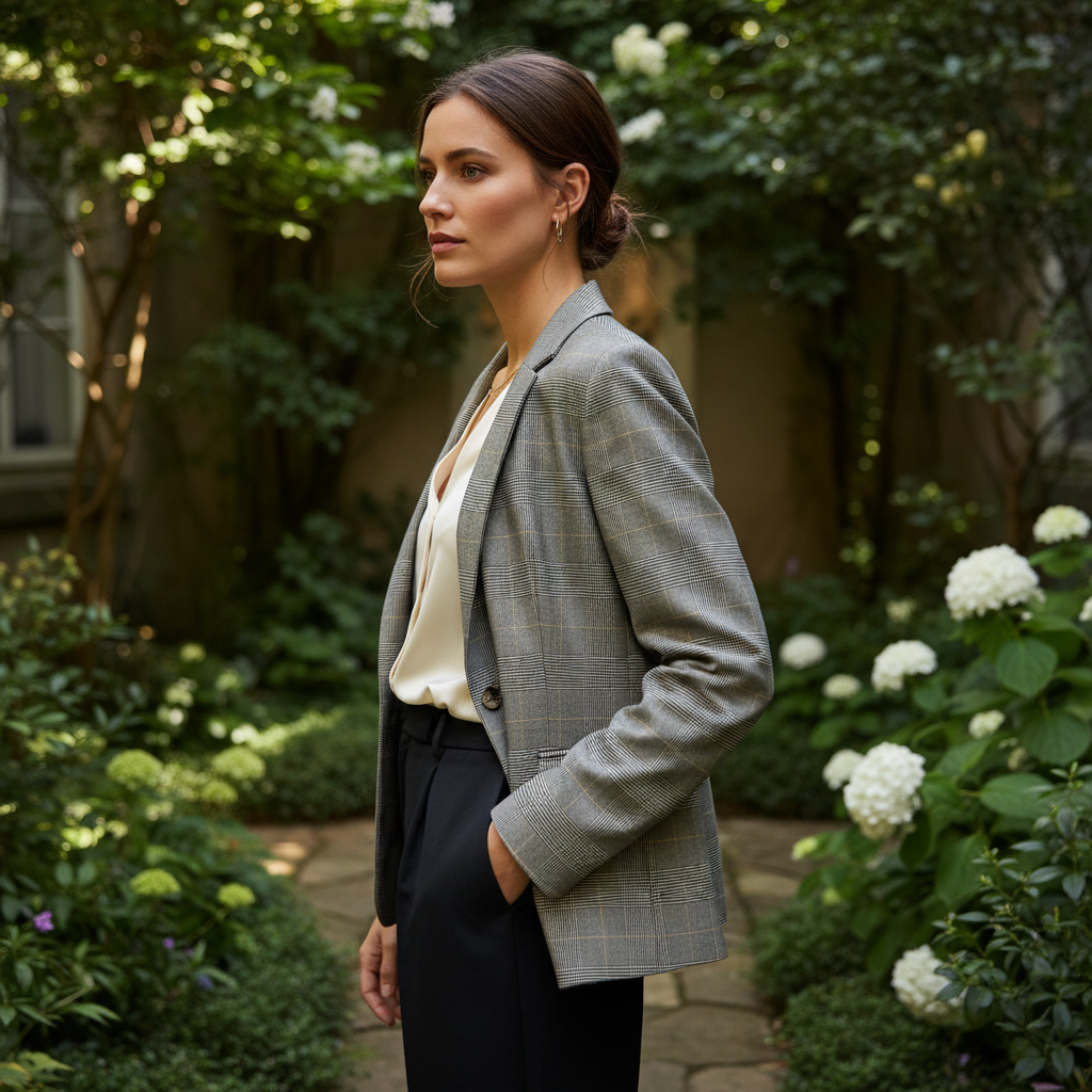 H&M Women's Grey Plaid Single-Button Tailored Blazer