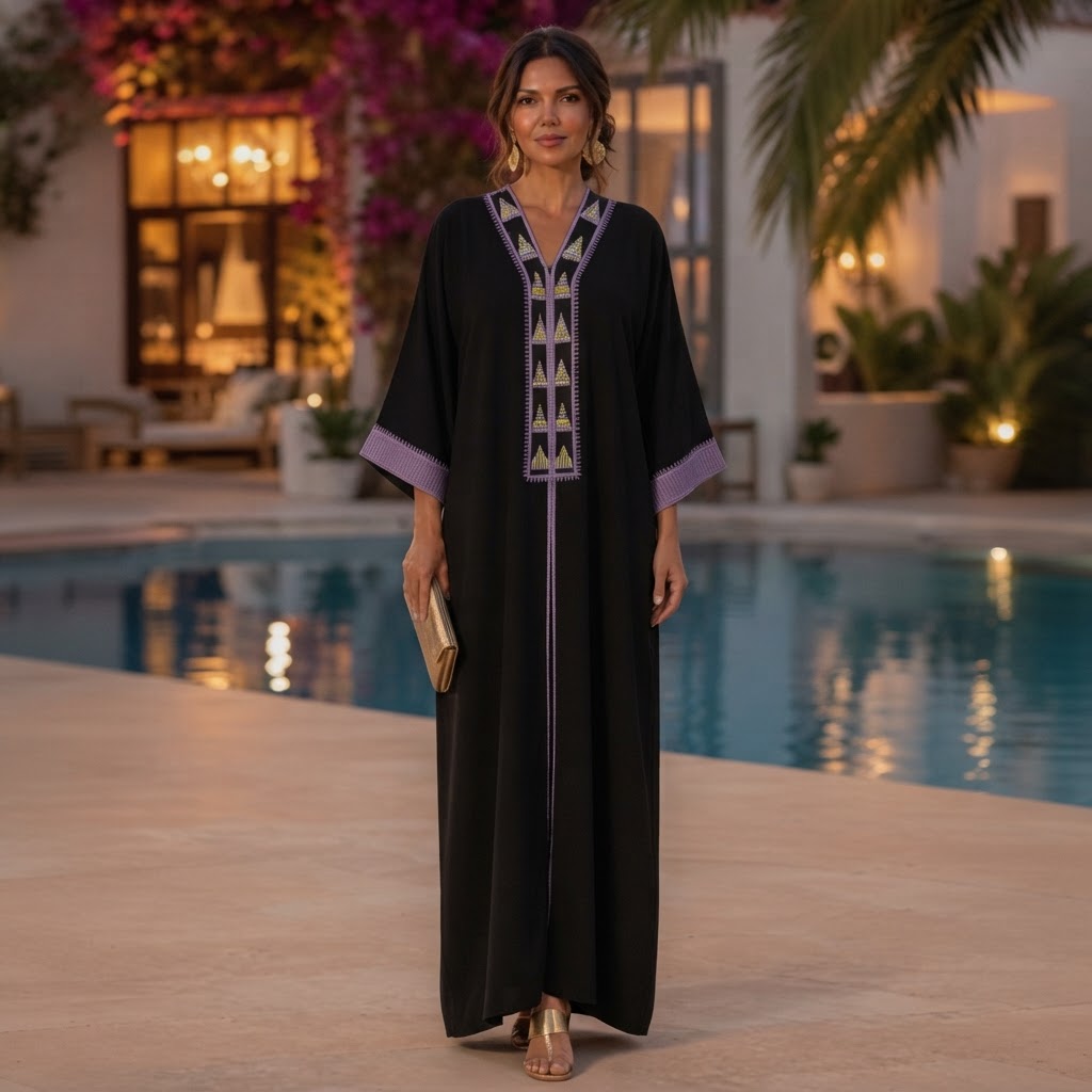 Black Abaya with Lavender Geometric Tribal Embroidery