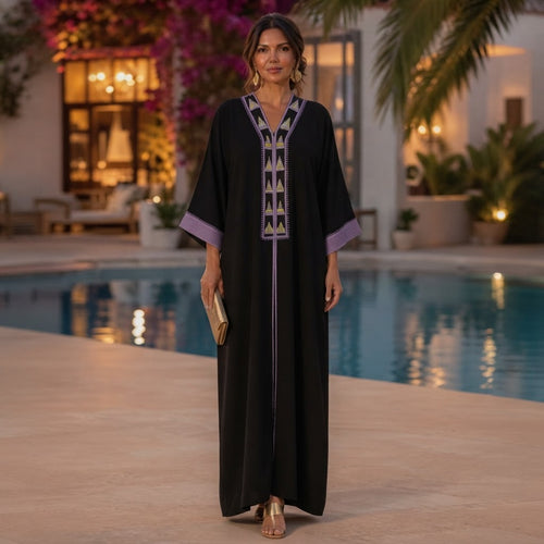 Black Abaya with Lavender Geometric Tribal Embroidery