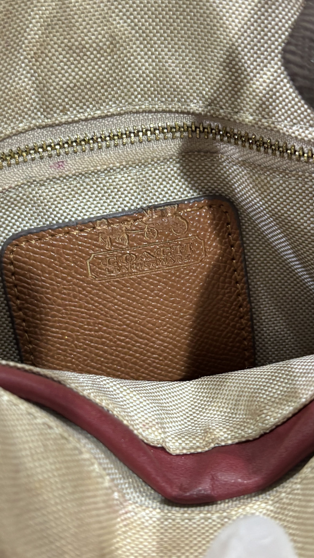 COACH LEATHERWARE Monogram Bucket Crossbody Bag with Red Tri
