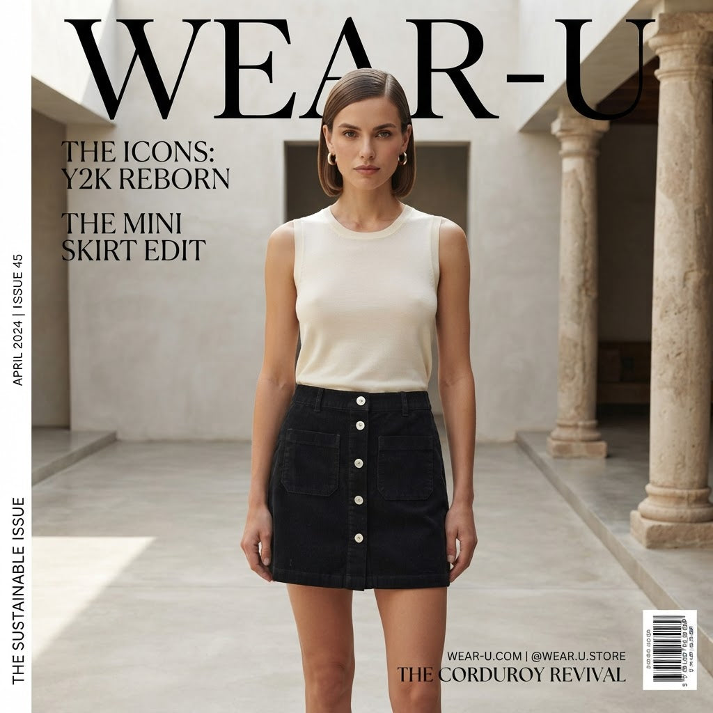 Black Button-Down Corduroy Mini Skirt with Patch Pockets
