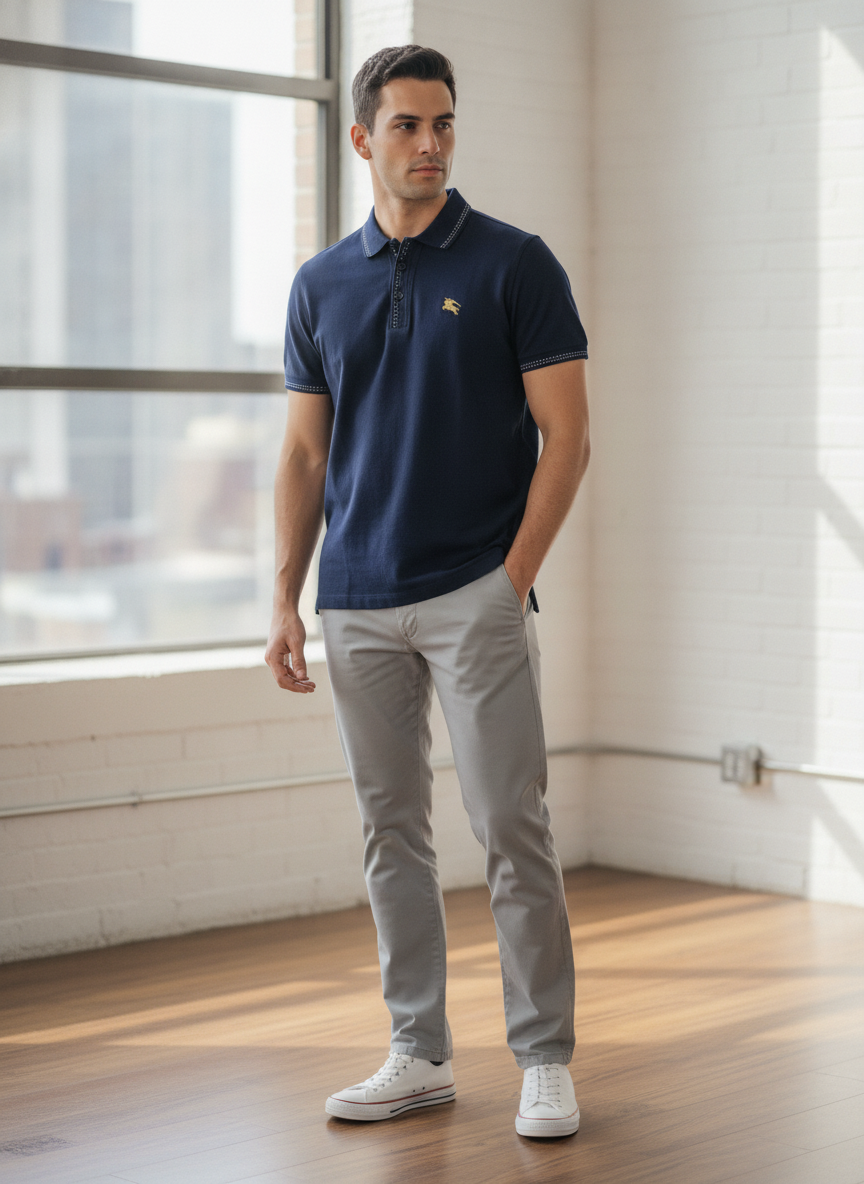 Burberry Navy Blue Tipped Cotton Polo Shirt with Gold Embroi