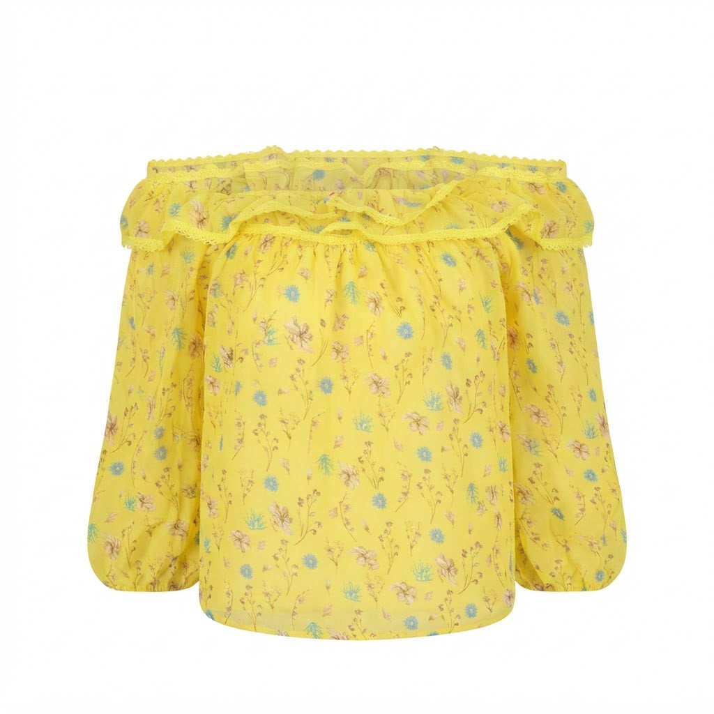 Women's Yellow Floral Off-The-Shoulder Ruffle Top