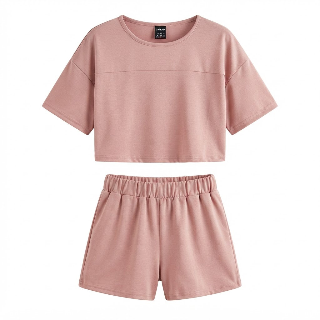 SHEIN Dusty Rose Boxy Crop Top and Ruched Shorts Co-ord Set