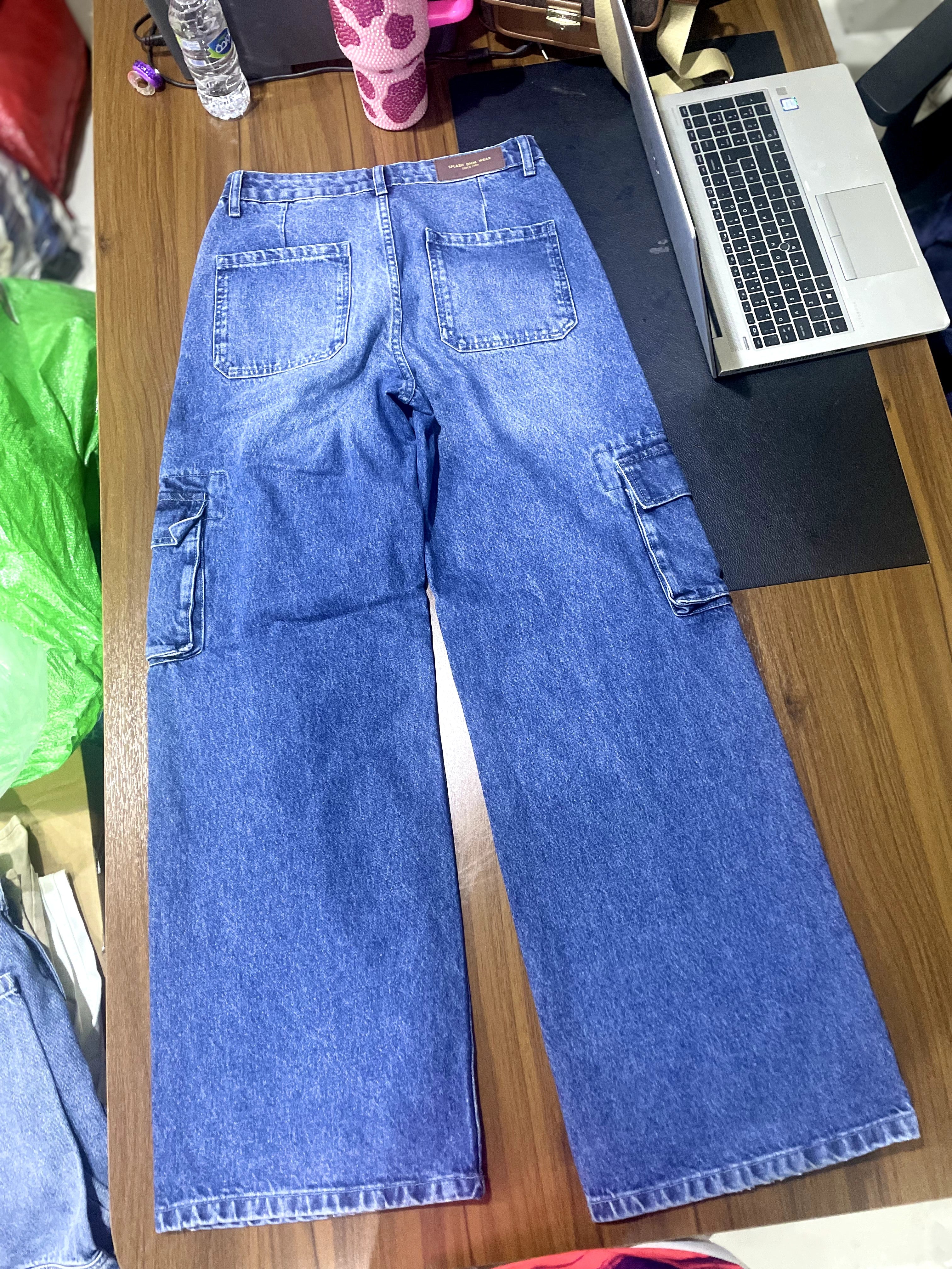 Splash Splash Medium Blue Wide-Leg Cargo Jeans with Front Se