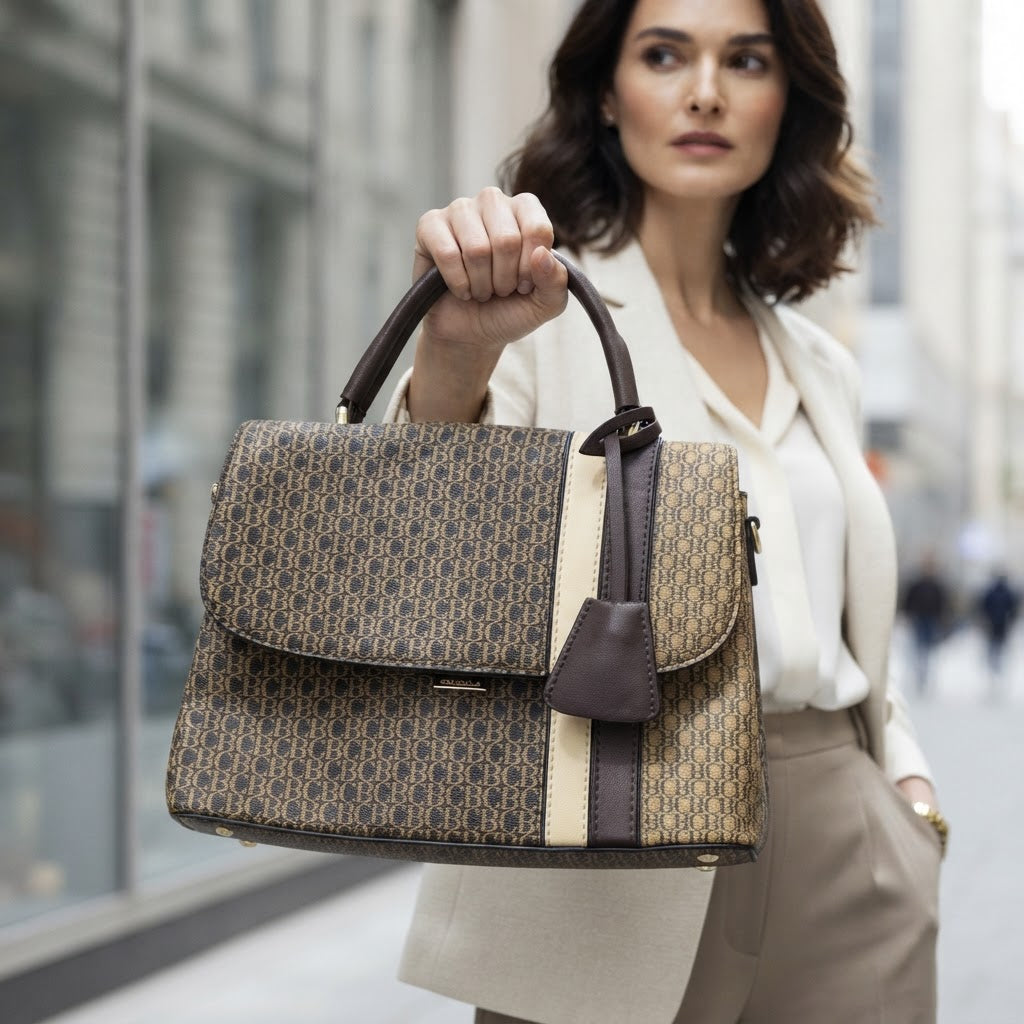 Chrisbella Monogram Top Handle Bag Brown