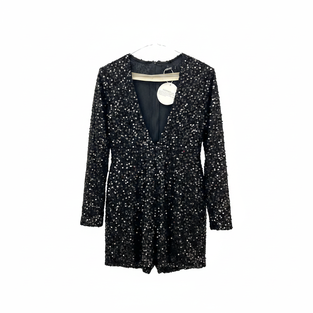 Boohoo Black Sequin Plunging V-Neck Mini Dress