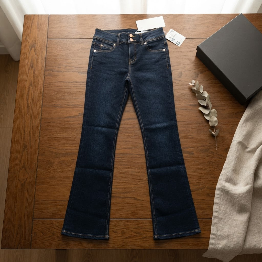 Bershka Dark Indigo Flared Jeans with Amber Contrast Stitchi