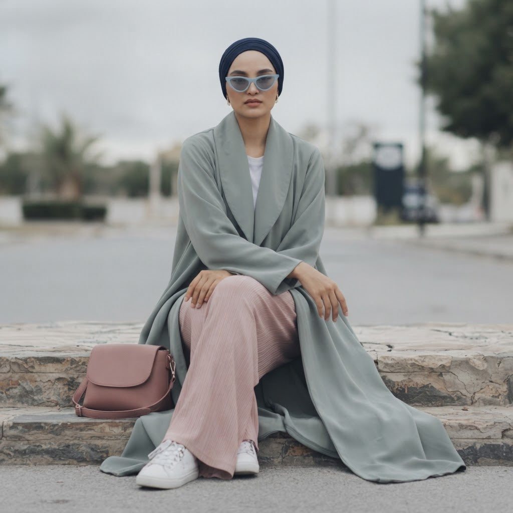 Cool Sage Grey Floor-Length Thobe with Mandarin Collar