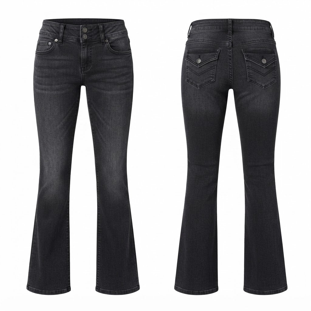 Bershka Washed Black Flare Jeans with Chevron Pocket Detail