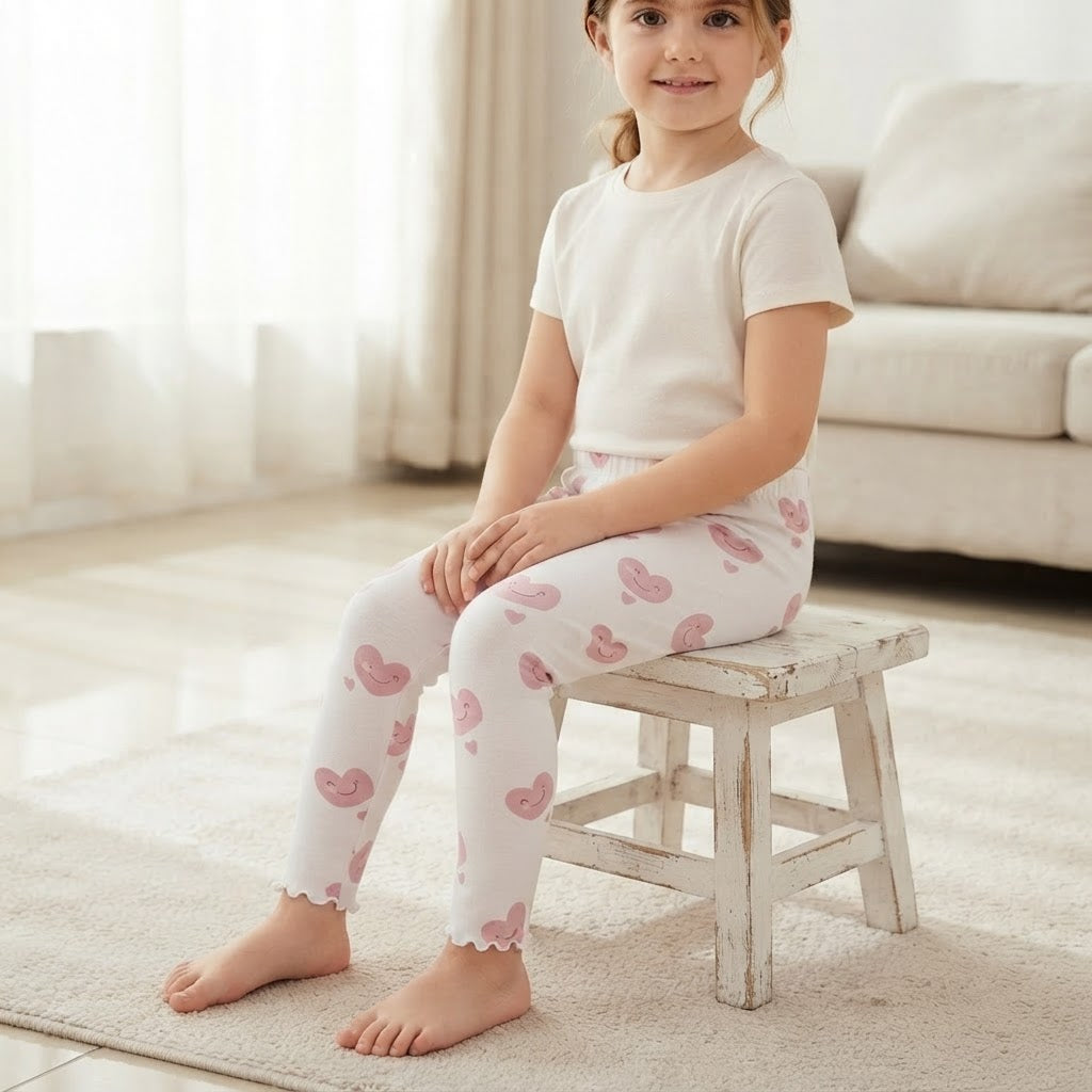 SHEIN White Ankle Leggings with Pink Kawaii Heart Print