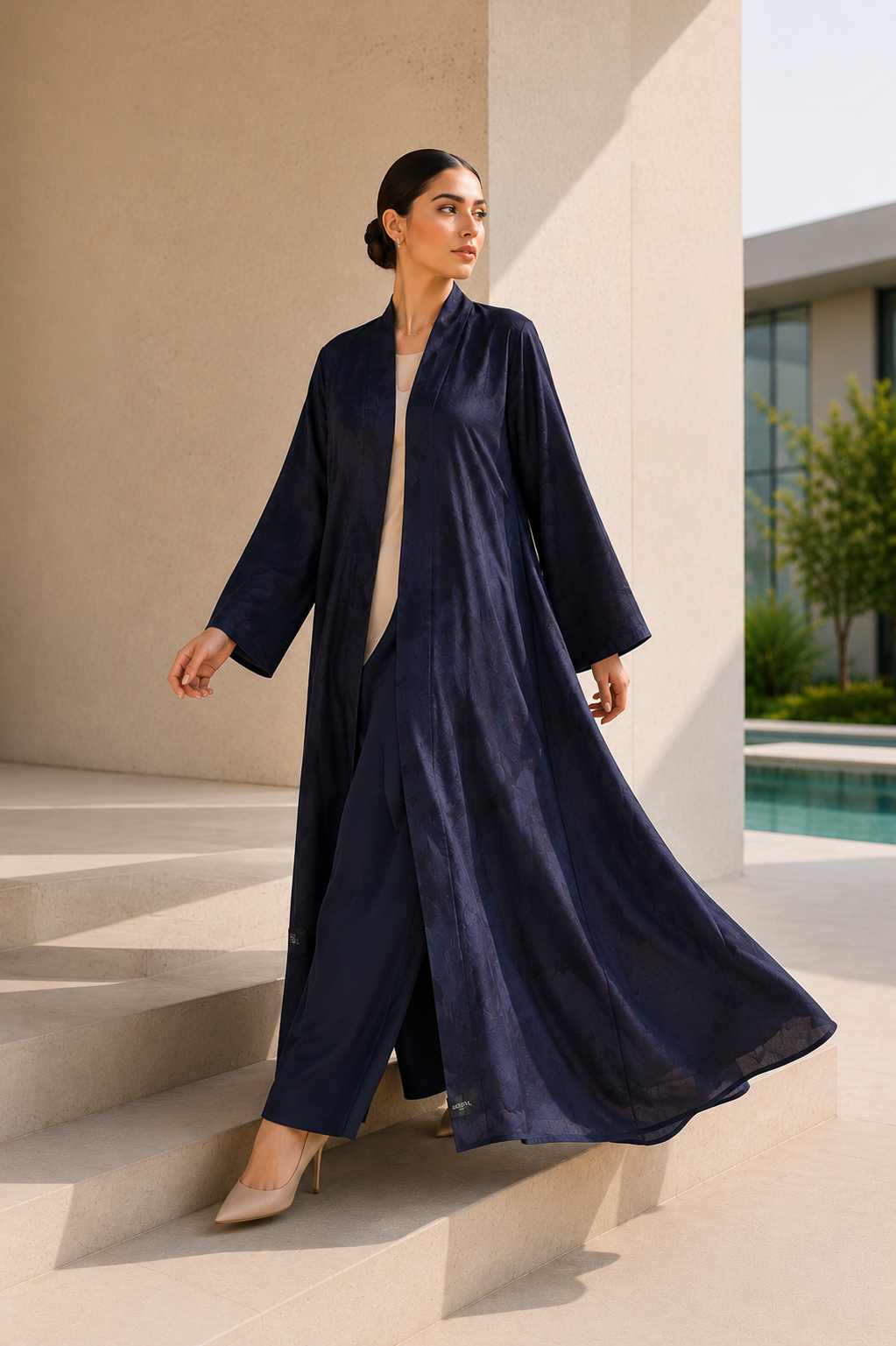 Navy Blue Jacquard Satin A-Line Open Front Abaya