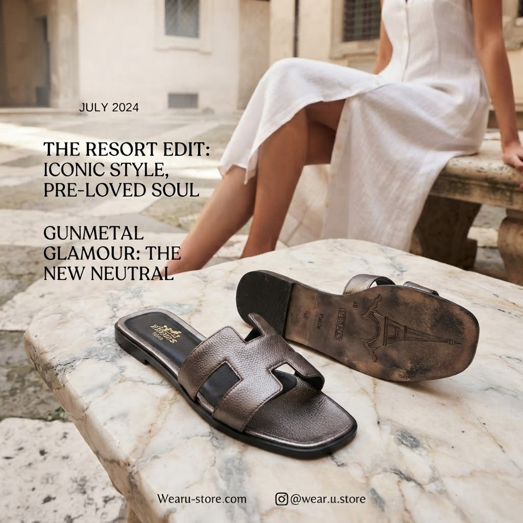 HERMES Gunmetal Metallic Flat Slides with H-Cutout Detail