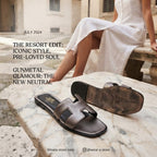 HERMES Gunmetal Metallic Flat Slides with H-Cutout Detail