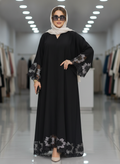 gant Black Embroidered Floral Lace-Trim Floor-Length Abaya