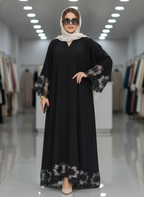 gant Black Embroidered Floral Lace-Trim Floor-Length Abaya