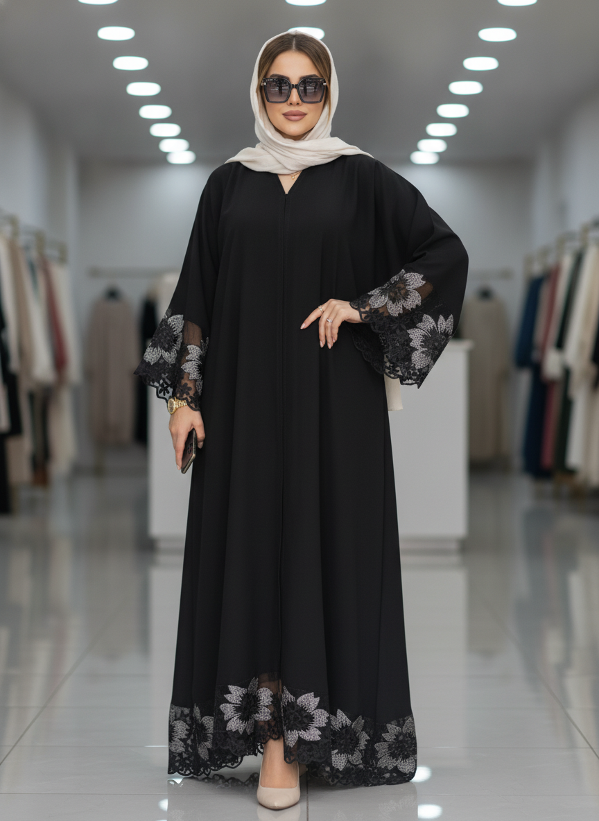 gant Black Embroidered Floral Lace-Trim Floor-Length Abaya