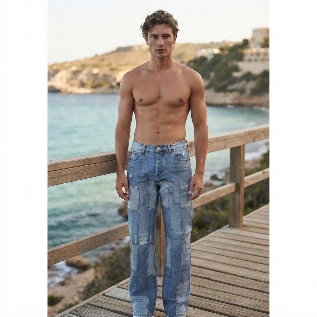 boohooMAN Light Blue Patchwork Distressed Straight Leg Denim