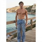 boohooMAN Light Blue Patchwork Distressed Straight Leg Denim