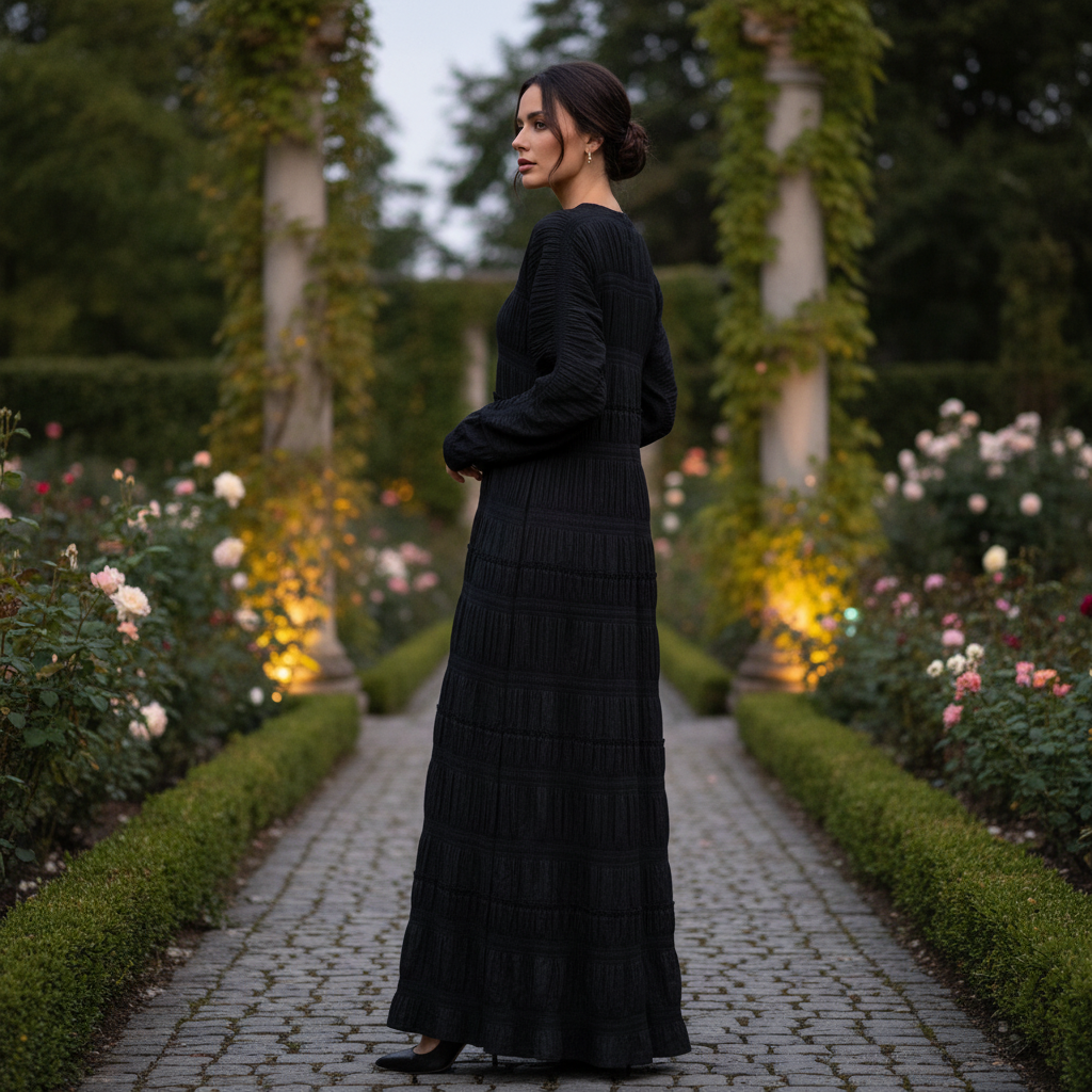 Women's Black Ruched Maxi Open-Front Robe