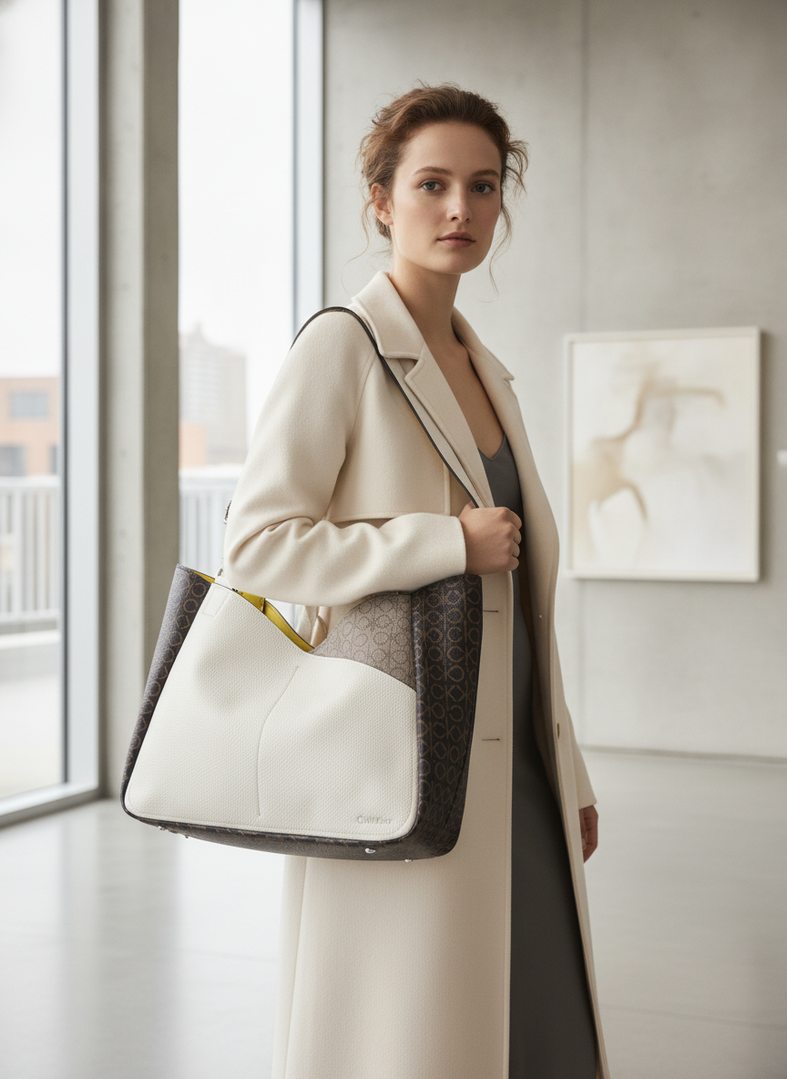 Calvin Klein Calvin Klein White Grained Monogram Tote