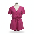 Women's Magenta V-Neck Button-Front Linen Blend Romper