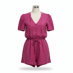 Women's Magenta V-Neck Button-Front Linen Blend Romper