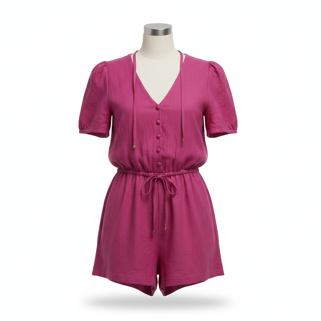 Women's Magenta V-Neck Button-Front Linen Blend Romper