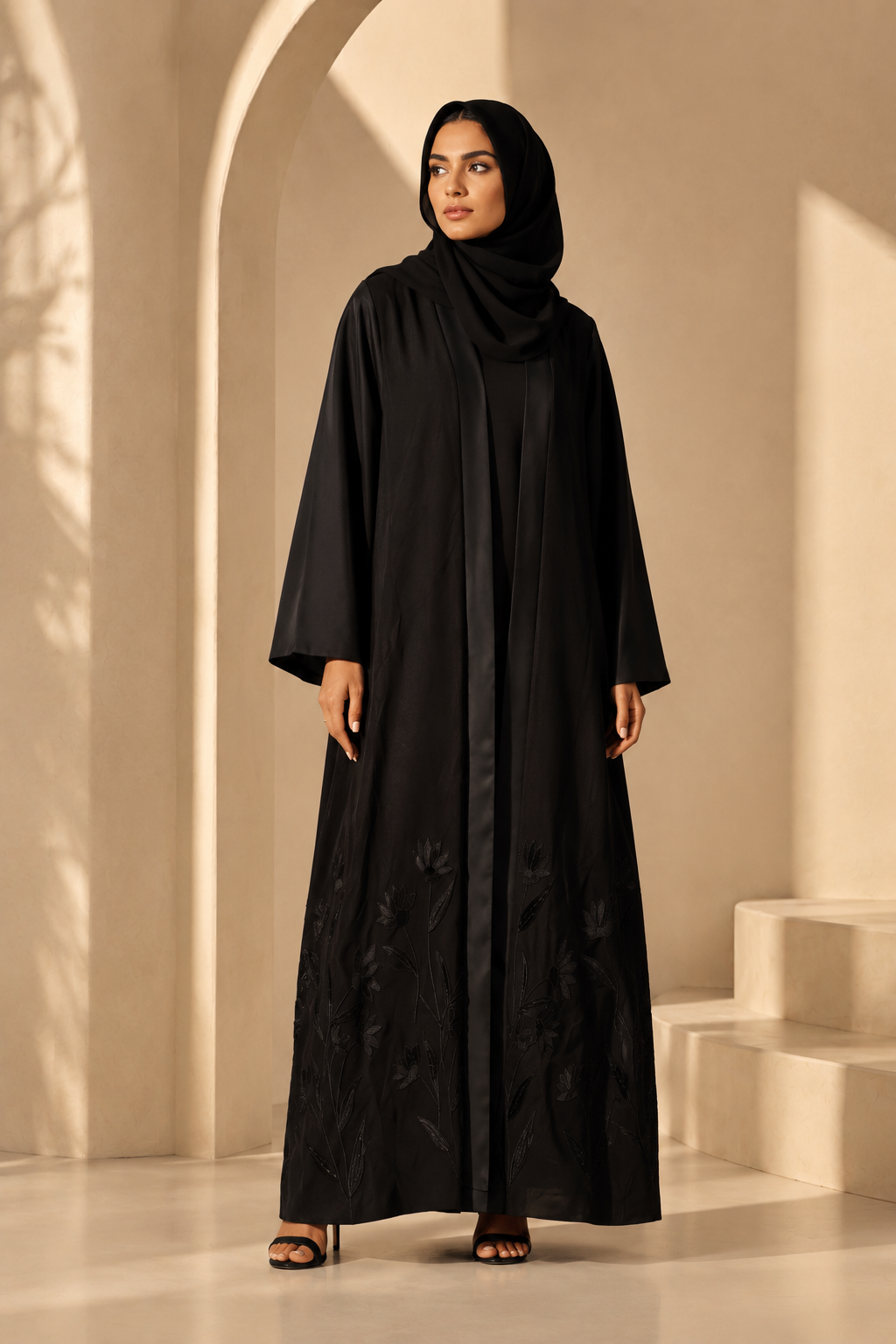 Women's Black Long-Sleeved Embroidered Maxi Abaya Robe