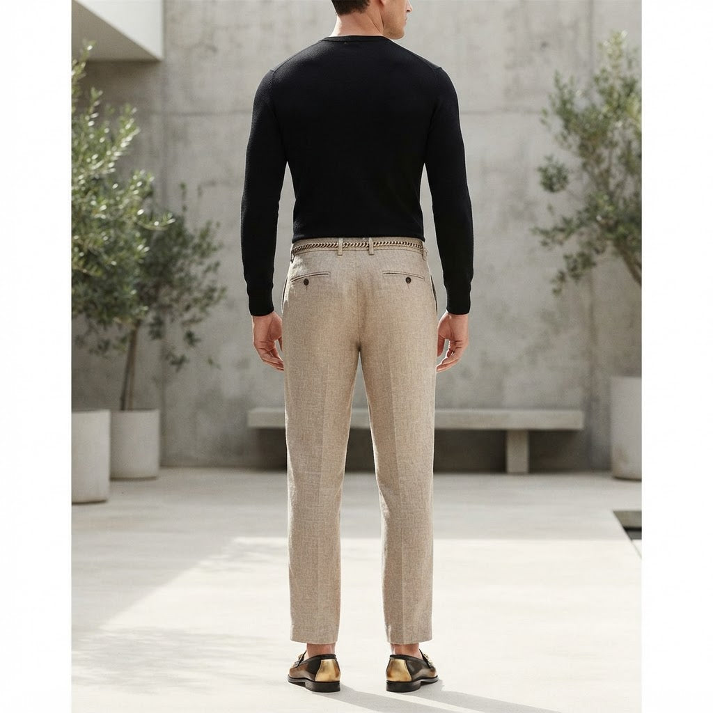 Men's Beige Linen Relaxed Drawstring Trousers