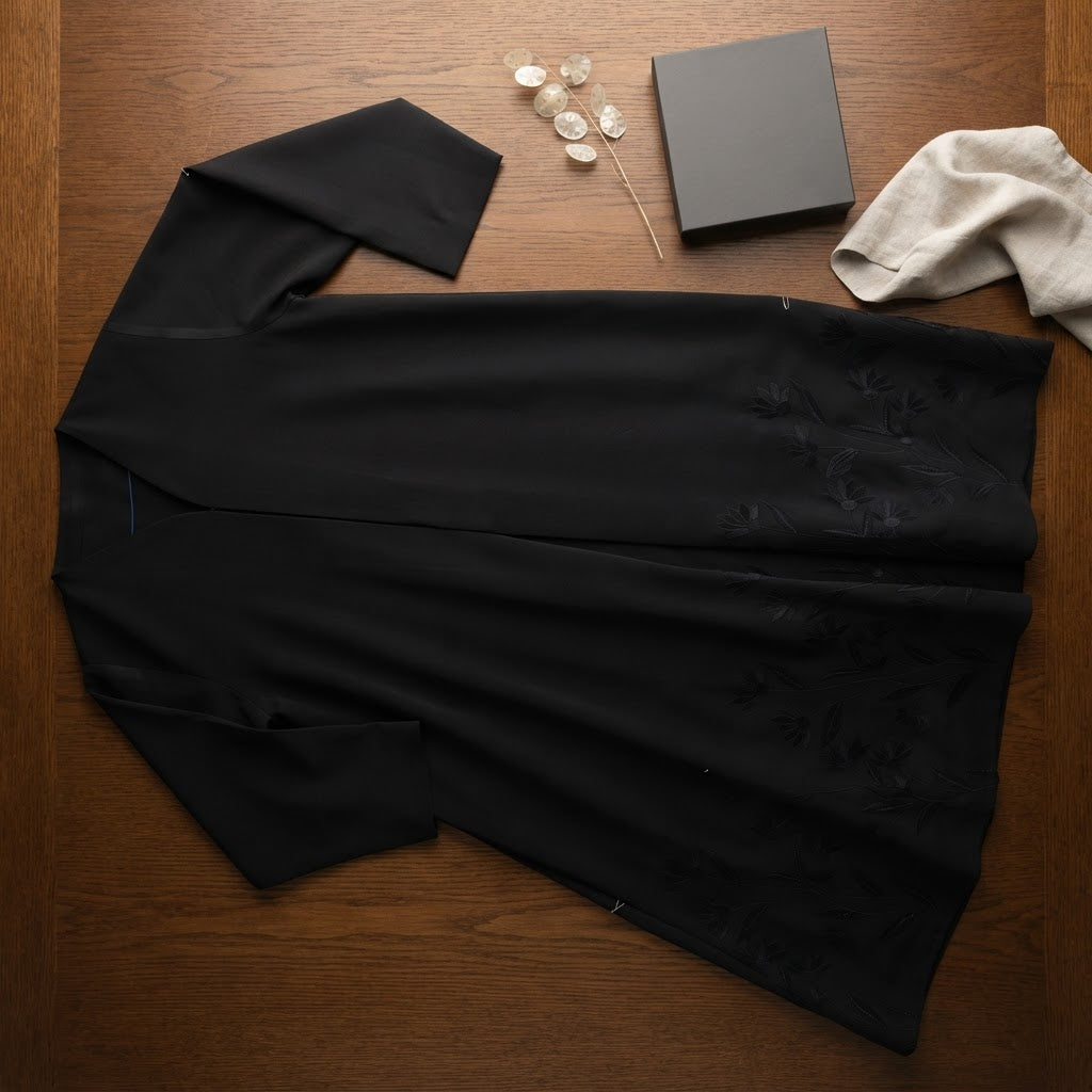 Black Floral Embroidered Abaya with Pointed Cuffs