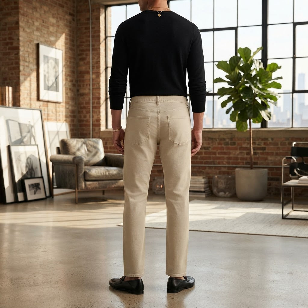 Men's Beige Straight-Leg Cotton Twill Chino Trousers