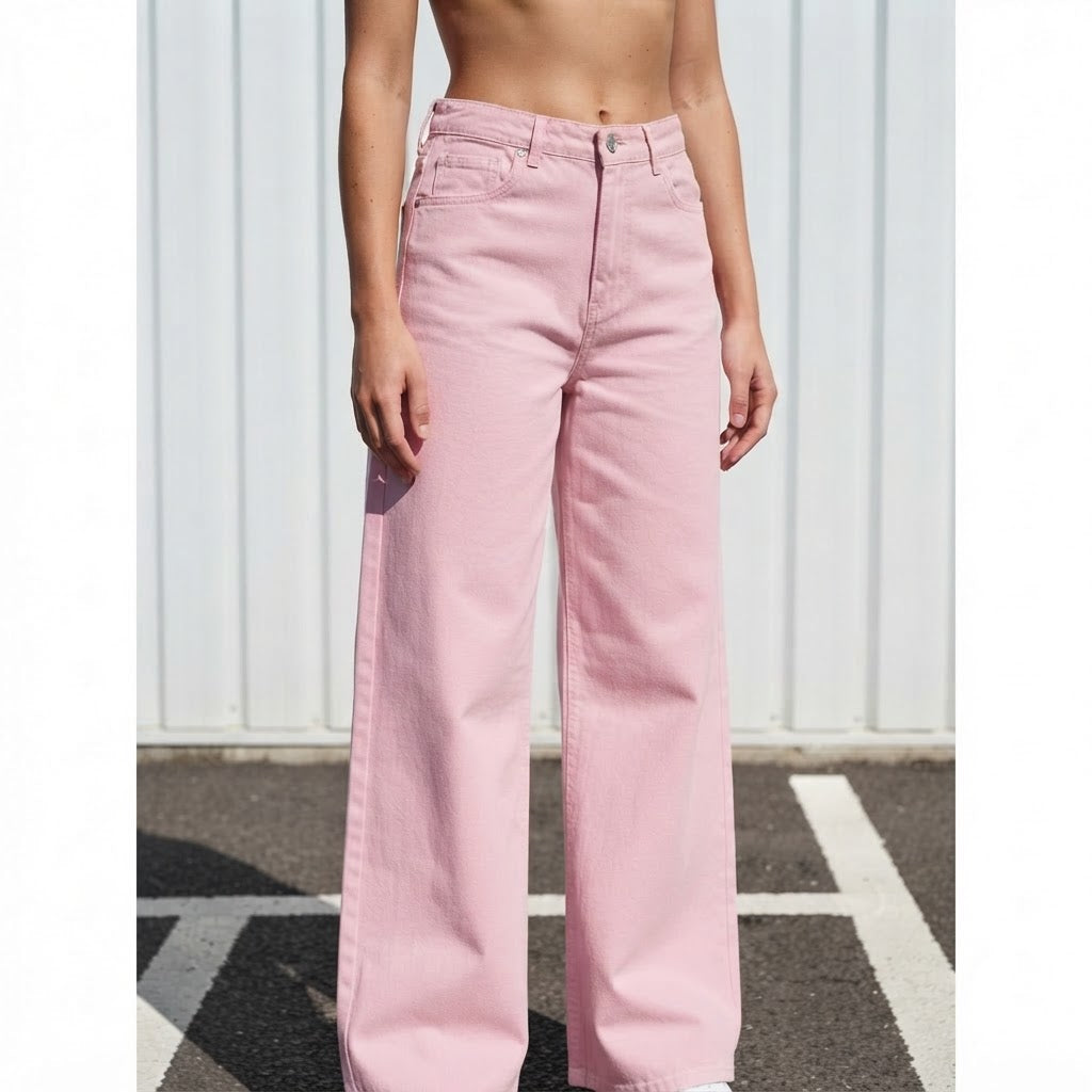 PrettyLittleThing Baby Pink Wide Leg Denim Jeans - Contempor