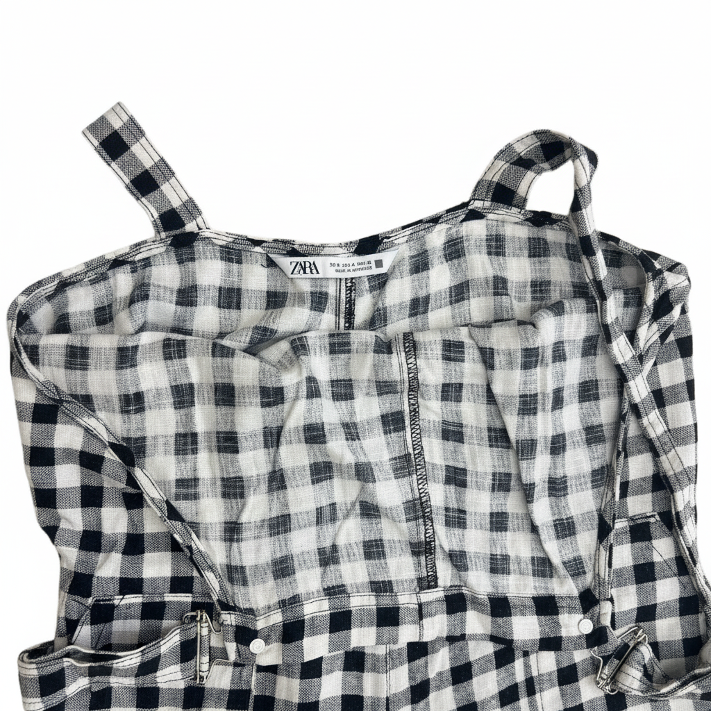 Zara Black & White Gingham Linen Blend Overalls - Size S