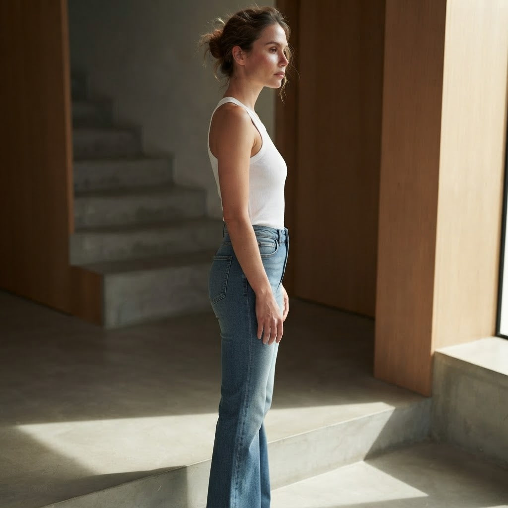 BERSHKA Mid-Blue High-Rise Long Flare Jeans with Raw Hem