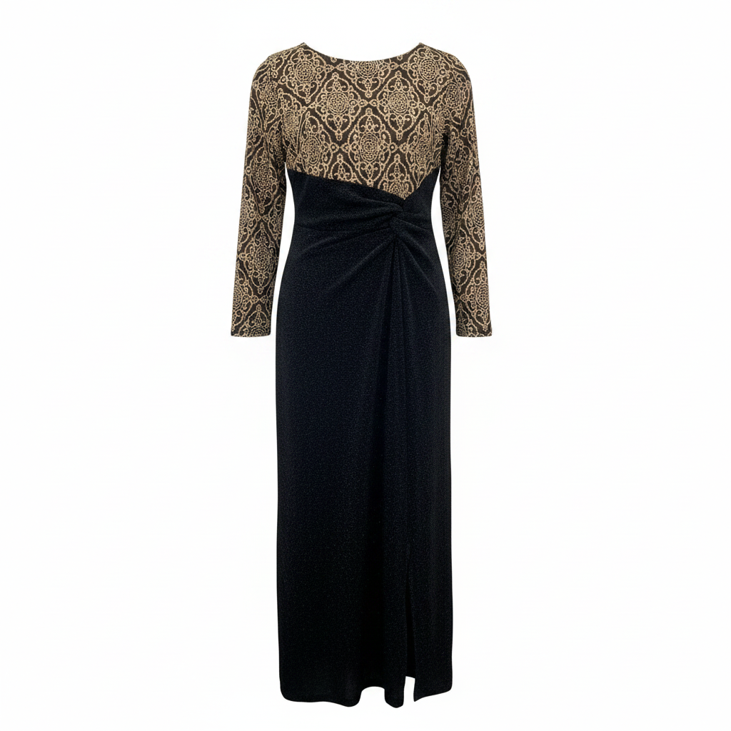 Women's Black and Gold Metallic Long Sleeve Maxi Dress