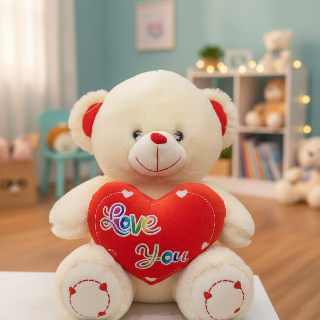 Cream Plush Teddy Bear with Red Love You Heart Gift