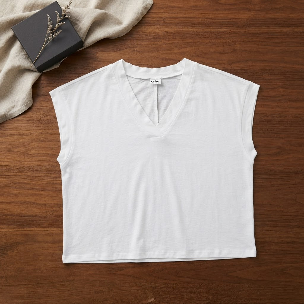 anko White Boxy Cap Sleeve V-Neck Cropped Top