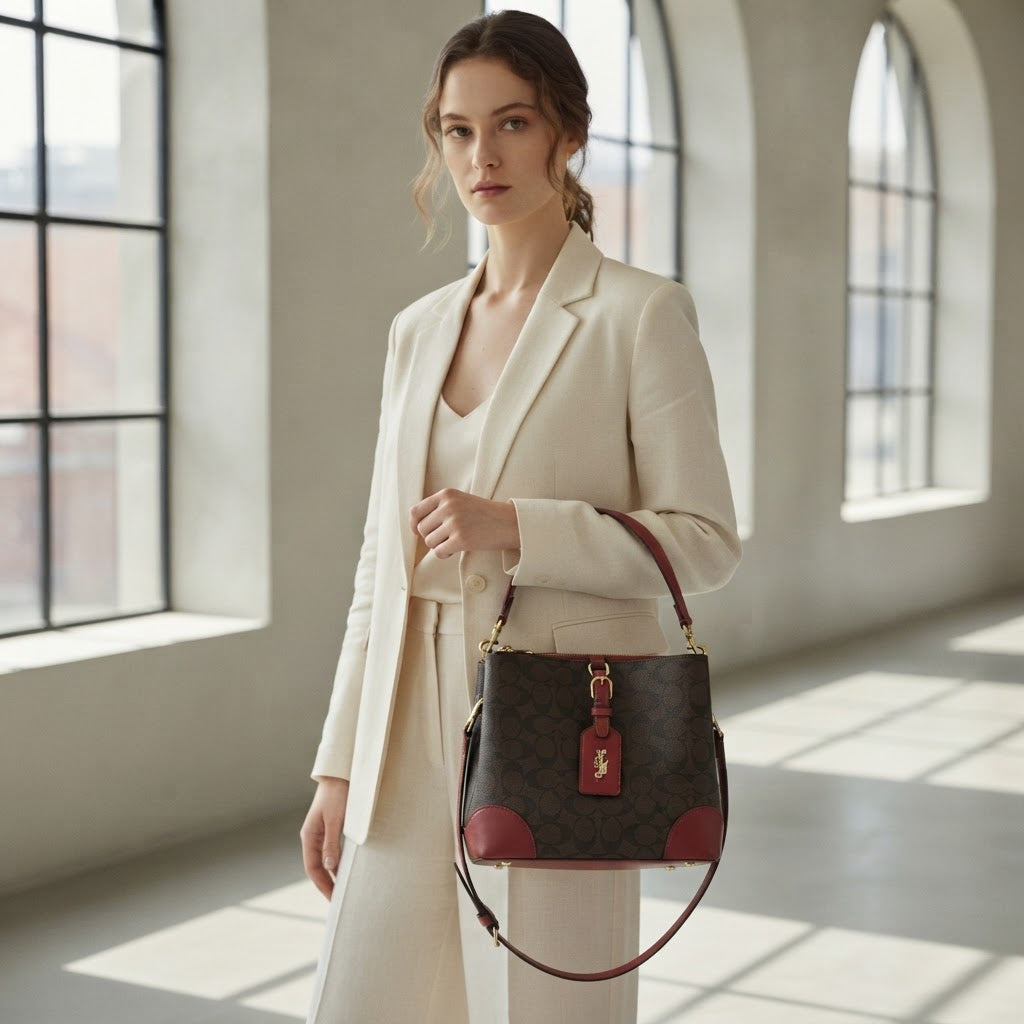 COACH LEATHERWARE Monogram Bucket Crossbody Bag with Red Tri