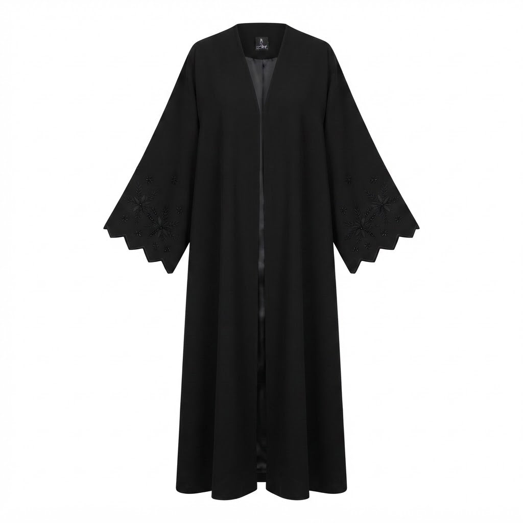 Private Black Embroidered Open-Front Abaya with Scalloped Sl