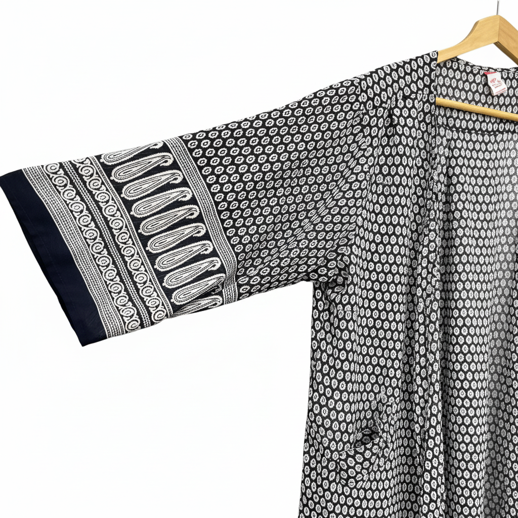Women's Navy and White Printed Longline Kimono