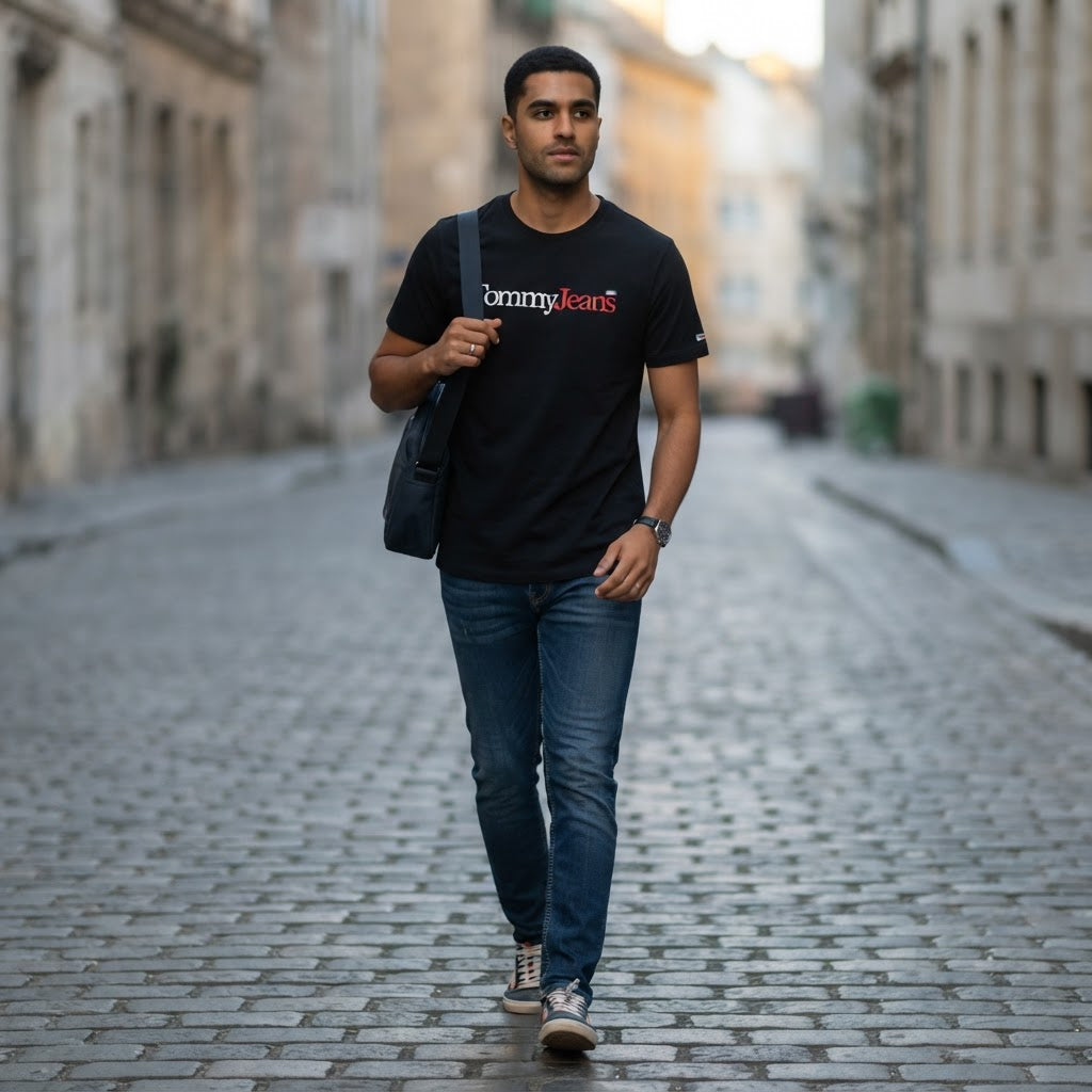 Tommy Jeans Black Tommy Jeans Crew-Neck T-Shirt with Bicolou