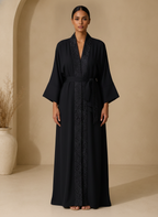 Deep Navy Black Open-Front Abaya with Jacquard Sash
