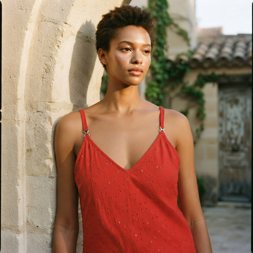 Women's Red Cotton Eyelet Cami Dress